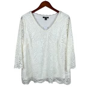 New Roz & Ali Blouse Cream Lace Overlay 3/4 Sleeve Women's 1X